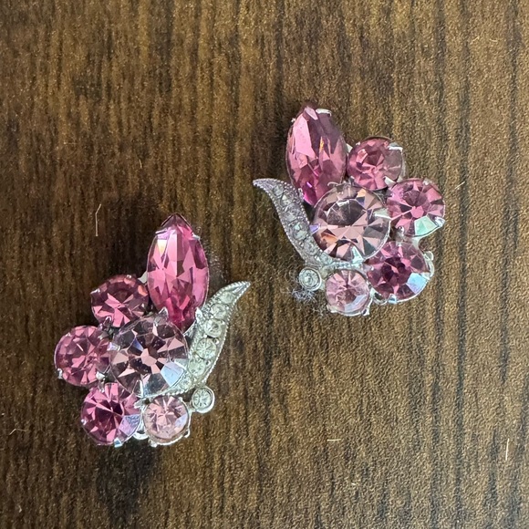 Vintage Signed Eisenberg Ice Pink White Rhinestone Cluster Clip On Earrings - Picture 3 of 8
